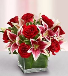 Modern Embrace Red Roses and Lily Bouquet Modern Embrace Red Roses and Lily Bouquet